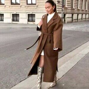 Zara Wool Blend Belted Wrap Coat Blogger Favorite Brown Toffee Large